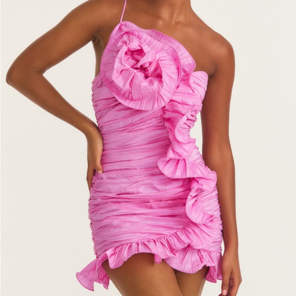XXS Love Shack Fancy Pink Brenaya Ruffle Flower Mini Dress